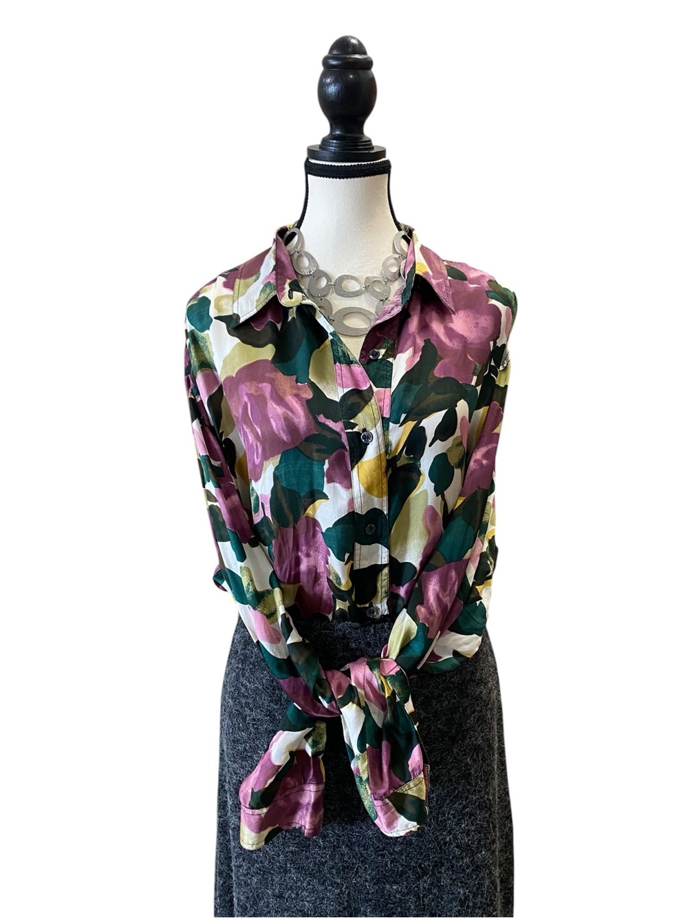 Prima Donna Floral 100% Silk Button-Down Shirt in Purple, Green and Cream